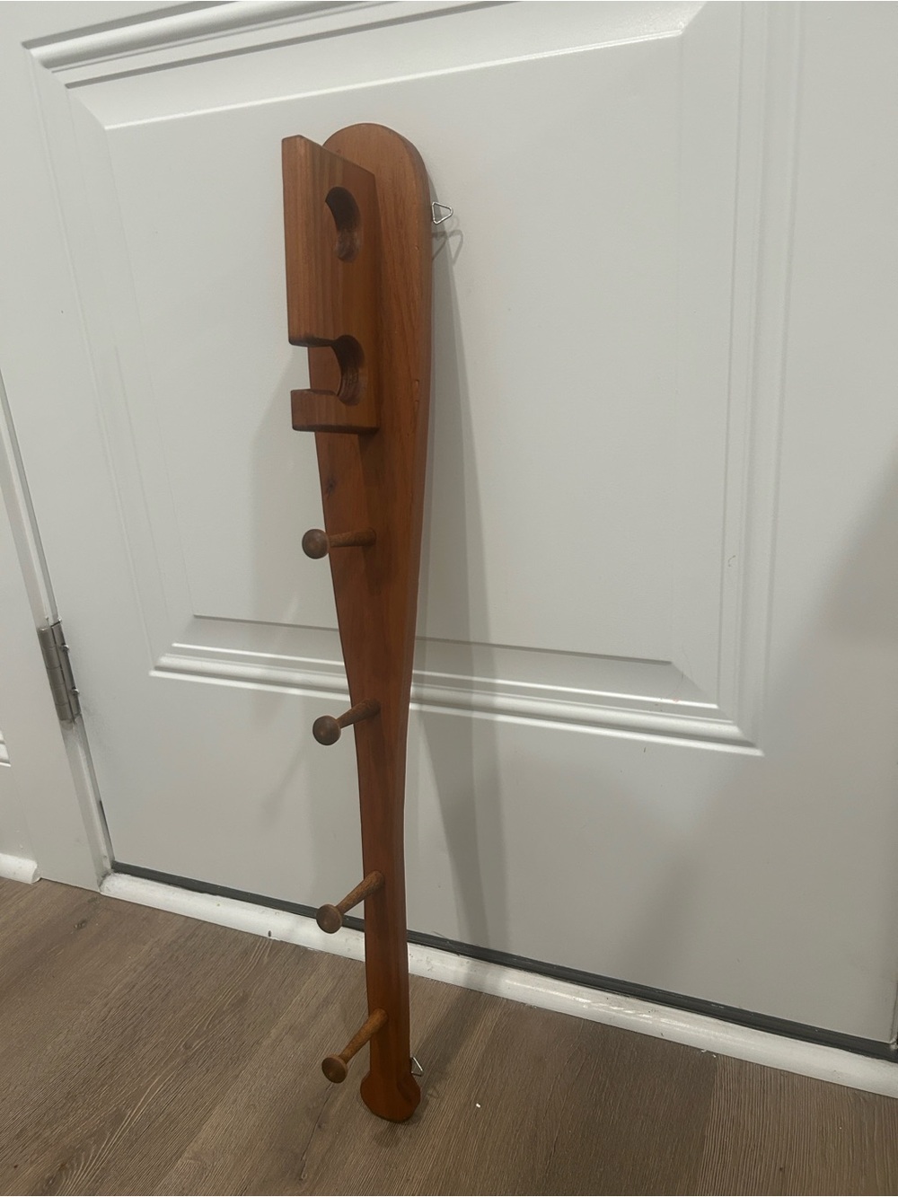 VTG MCM Modern Teak Valet Coat Rack Baseball Bat Sculptural Wall Hook